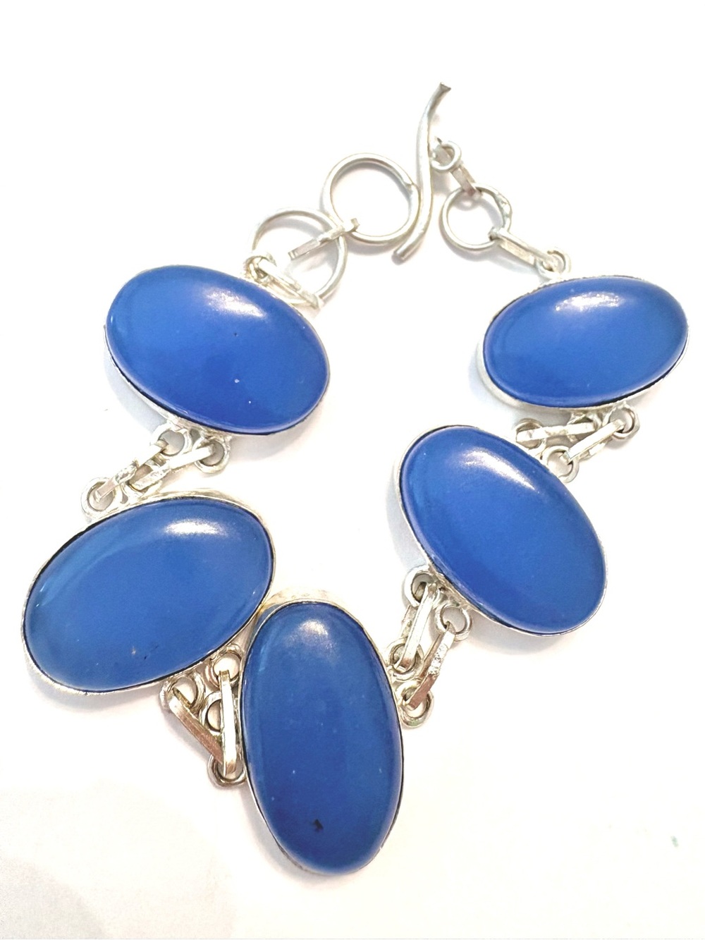 5 stone, 925 marked, Blue Chalcedony toggle bracelet , size 8 1/2–9 1/2.